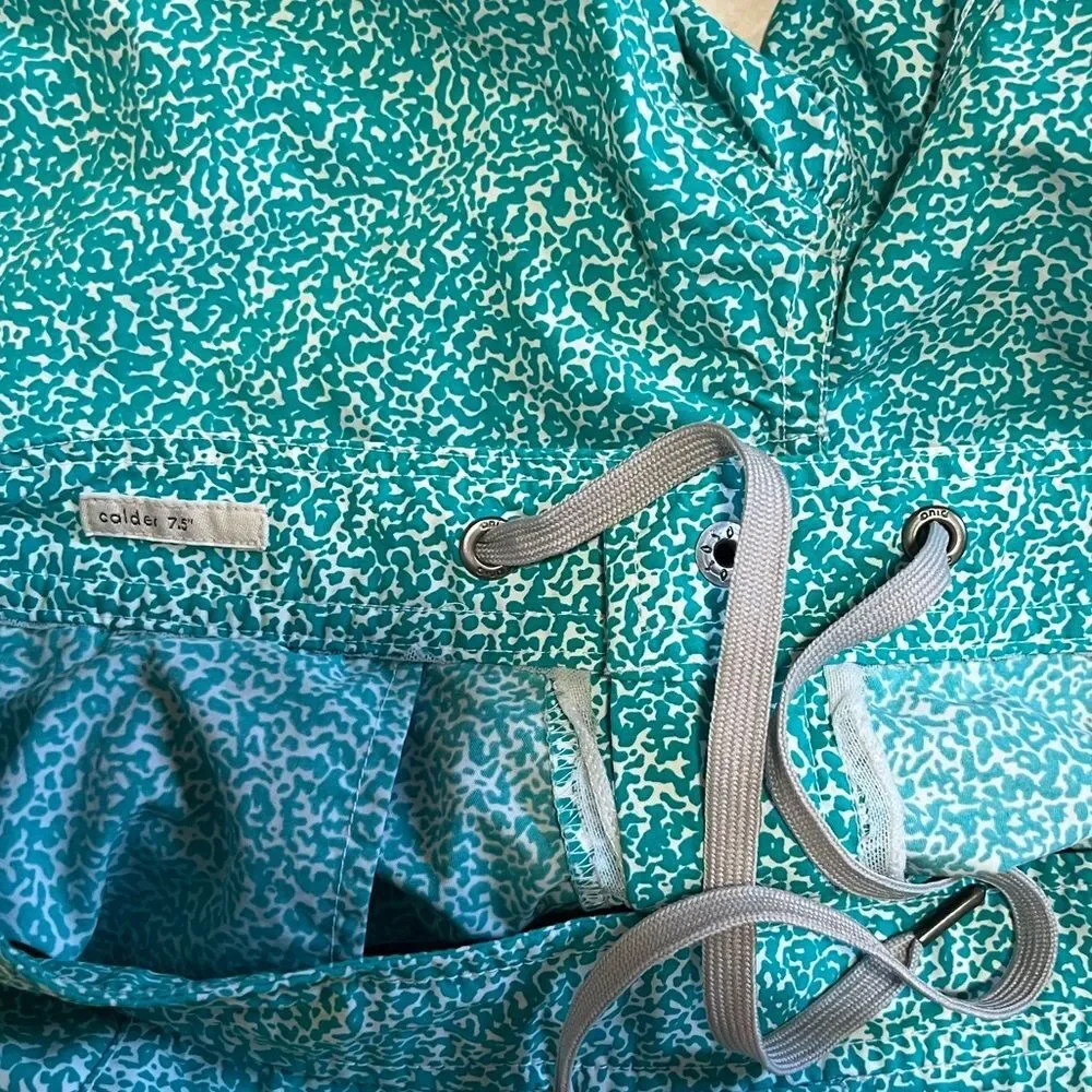 Onia Calder 7.5 Swim Shorts Men 30 Teal Turquoise White Abstract Speckle Trunks